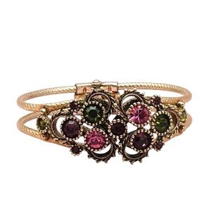 Vintage Sarah Coventry Gold Tone Hinged Clamper Bracelet Cable Pink Crystals